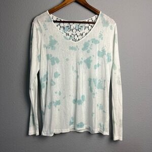 Mystree Women's White Aqua Tie Dye Long Sleeve Top Crochet Lace Back‎ Detail